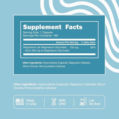 Vital Vitamins Magnesium Glycinate 500mg - High Absorption Formula - Promotes Relaxation, Calmness, & Restful Sleep - Pure Magnesium Supplement for Men & Women - 180 Capsules, Vegan, Non-GMO in Saudi Arabia