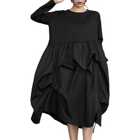 ellazhu Women's Funky Crew Neck Patchwork Solid Pleated Dress GZ102 A