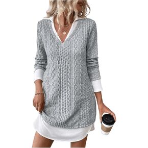 MakeMeChic Women's Color Block Rib Knitted 2 in 1 Dress Long Sleeve Collar V Neck Mini Sweater Dresses