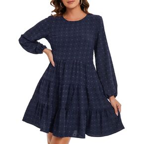 ROYLAMP Women's Swiss Dots Dress Long Sleeve Crew Neck Tiered Casual Spring Boho Flowy Tunic Shift Mini Dresses