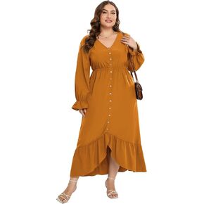 فستان ربيعي مكشكش مقاس كبير من KOJOOIN للنساء بأكمام طويلة ورقبة على شكل V فستان عالي ومنخفض بخصر إمبراطوري فستان ماكسي غير رسمي للخريف in Kuwait