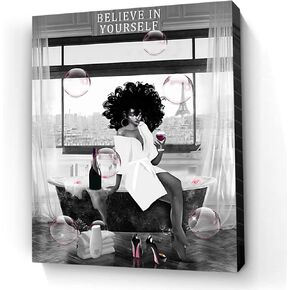 African American Wall Art Bathroom Decor Black Girl In Bathtub Canvas Wall Art Poster Prints Modern Pink Wall Decor Fashion Black Women Pictures Framed Artwork For Bathroom Ready To Hang12 X16
