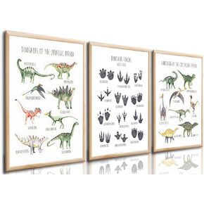 3Pcs Dinosaur Tracks Wall Art Tyrannosaurus Stegosaurus Triceratops Parasaurolophus Wall Decor Kid Room Posters Prints teen Cool Pictures painting for Classroom nursery Decoration,Unframed 12x16in