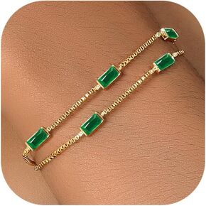 Ritach Birthstone Bracelet for Women 14K Gold Plated Dainty Double Layers Stackable Green Bulue Cubic Zirconia Charm Link emerald Bracelet for Valentines Day Birthday Gifts for Her Jewelry