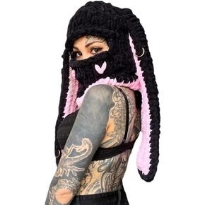 Big Rabbit Bunny Ears Head Cover Sweet Cool Spice Girl Style Hand Woven Knitted Thick Wool Warm Hat Devil Horn Mask (Pink)