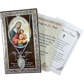 Saint Anne Medallion with St Anne Prayer Card, Lord's Prayer Card | St Anne Medal Necklace Jewelry | Catholic Patron Saint Of Unmarried Women, Mothers, Grandmothers Themed Set, Total 3 Items