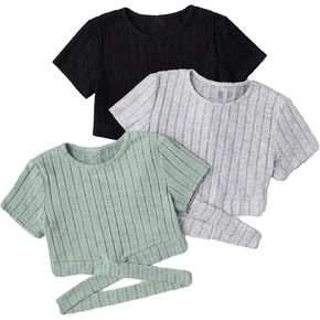 Milumia Girl's 3 Piece Ribbed Knit Criss Cross Short Sleeve Crew Neck Tshirts Tops