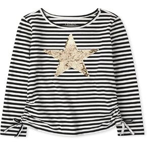 The Children's Place Girls' Long Sleeve Flip Sequin Star Graphic Striped Cinched Top