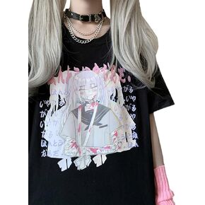 Kawaii Harajuku أزياء الباستيل القوطي فضفاض Crewneck لينة النمط الياباني لطيف أنيمي فتاة طباعة تي شيرت