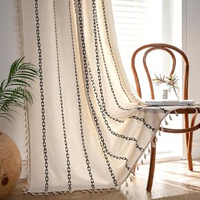 Black Boho Curtains 84 inches Long for Bedroom Living Room, Striped Embroidery Light Filtering Semi-Blackout Privacy Tassels, Rod Pocket Drapes Fall Halloween Decor,1 Panel 52" W x84 L