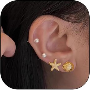Starfish Earrings Sets for Women Gold Silver Starfish Shell Pearl Studs Earrings Set Dainty Simple Hypoallergenic Earrings Dainty Beach Earrings Summer Fashion for womens Beach Jewelry Gifts
