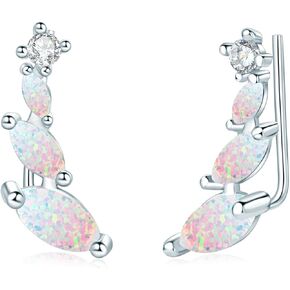 YUNKAI Sterling Silver Opal Crawler Earrings for Women, Hypoallergenic Opal Climber Stud Earrings Minimalist Elegant Design Stylish Birthstone Jewelry Gift for Her Birthday Christmas Gift