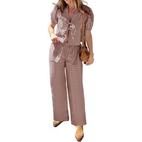 Yuemengxuan Women Y2k 2 Piece Lounge Set Puff Sleeve Tie front Peplum Shirt Top High Waist Wide Leg Pants Casual Pajamas Set