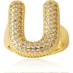 HUASAI Gold Initial Ring for Women 14K Gold Plated Rhinestone Initial Rings Chunky Ballon Letter Ring Open Adjustable Puffy Initial Ring Personalized Birthday Jewelry Gifts Trendy Stuff