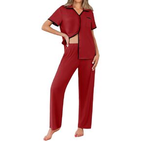 Ekouaer Women Pajamas Set Button Down Notch Collar Soft Short Sleeve Pjs Set with Long Pant Set Lounge Set