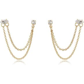 Ettika Gold Earrings, Womens Stud Chain Earrings. Two Hole Piercing Chain Dangle 18k Gold Plated Earrings with CZ Crystals. Jewelry