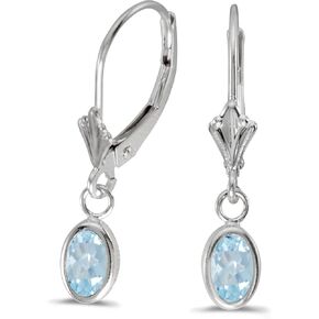 14k White Gold Oval 6x4 mm Aquamarine Bezel Lever-back Earrings