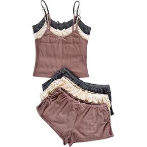 Women's 6 Piece Knitted Pajama Set Sleeveless Crop Cami Top and Slit Ruched Shorts Pj Set Bow Lounge Set Sleepwear