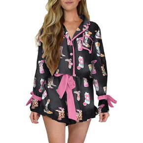 Argeousgor Christmas Pajamas for Women Bow Tie Long Sleeve Shirt Shorts Satin Silk Funny Graphic 2 Piece Pjs Set Sleepwear