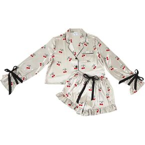 Pajamas For Women Loungewear 2-Piece Long Sleeve Velvet Bow Shorts/Shirt Sleep Set