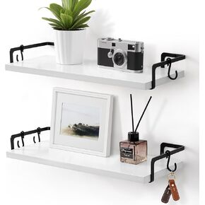 Gronda White Floating Shelves for Wall Storage Shelf for Bathroom Bedroom Living Room Kitchen Laundry Over Toilet Solid Wood Organizer Modern Decorative with Black Brackets Hooks Set of 2