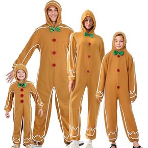Kids Toddler Adult Matching Gingerbread Man Costume Long Sleeve Hooded Jumpsuit for Christmas Cosplay Dress Up Party
