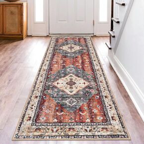 KOZYFLY Runners for Hallways 2.6x8 Ft Washable Kitchen Runner Rug Boho Runner Rug for Entryway Indoor Rust Orange Printed Oriental Faux Wool Floor Carpet Runner for Bedroom Kitchen Hall