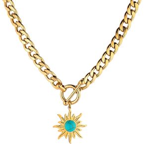 VINTY Chunky Chain Necklace With Turquoise Sun Pendant, 18K Gold Plated Stainless Steel Cuban Link Necklace, Hypoallergenic, Curb Chain Toggle Necklace For Women