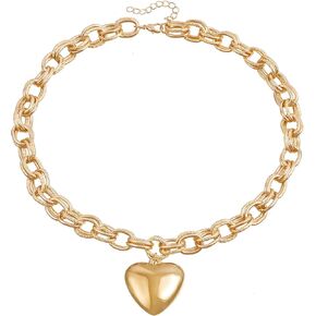 Chunky Heart Pendant Necklace for Women Trendy Gold Cuban Link Chain Statement Necklace Vintage Heavy Metal Thick Chain Necklace Jewelry for Women