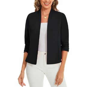 MINTLIMIT Women's Collarless Blazer Ruched 3/4 Sleeve Open Front Business Work Office Jacket Blazers