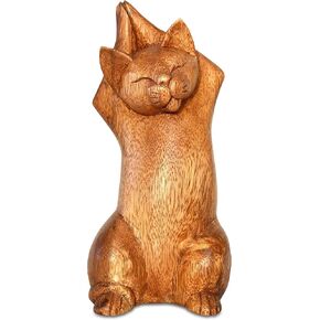 8" Wooden Hand Carved Siamese Cat Yoga Pose Statue Sculpture Handcrafted Art Decoration Home Decor Accent Decorative Kitty Kitten Figurine Gift Handmade (Fire Log Pose)