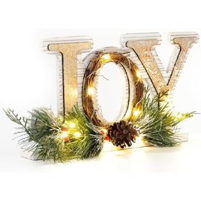 DN DECONATION Lighted Rustic Wooden Tabletop Christmas Joy Sign Decoration-White and Gold Xmas Joy Decorated with Needle Pine Branch, Pine Cone & Red Berries for Home Farmhouse Fireplace Mantel Decor