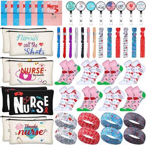 Buryeah 72 Pcs Nurses' Day Gift Nurses Appreciation Gift Bulk Women Graduation Nurses Week Gift 2025 Survival Kit 8 Nurse Sock 8 Makeup Bag 8 Penlight 8 Badge Reel 8 Headband 8 Bracelet 24 Hair Rope