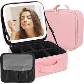 Makeup Bag With LED Mirror, Cosmetic Bag Organizer, Travel Cosmetic Bag With Mirror, With Removable Rechargeable Mirror, 3-Color Illumination, Portable Adjustable Divided Cosmetic Organizer (Pink)