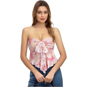 GORGLITTER Women's Floral Mesh Tube Top Strapless Flowy Asymmetrical Bandeau Tops