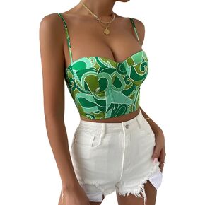 SOLY HUX Women's Cami Top Casual Cute Print Lace Up Back Sleeveless Spaghetti Strap Crop Corset Top