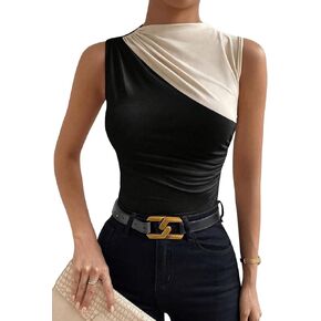 Milumia Women's Colorblock Ruched Mock Neck Tank Top Sleeveless Slim Fit Work Shirt Tops