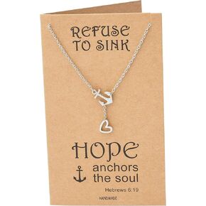 quan jewelry New Anchor Necklace, Sailor Pendant with Mini Heart Charm, Seaman Lariat Necklace, Sea Anchor Inspirational Quote on Greeting Card