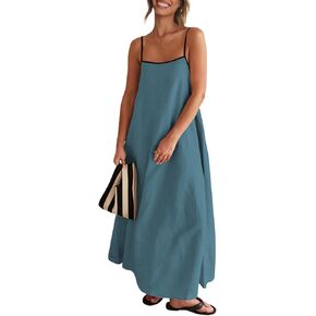 Senllen Summer Dresses for Women 2024 Adjustable Spaghetti Strap Contrast Backless Party Beach Loose Maxi Dress with Pockets