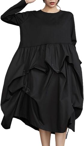 ellazhu Women's Funky Crew Neck Patchwork Solid Pleated Dress GZ102 A in Saudi Arabia