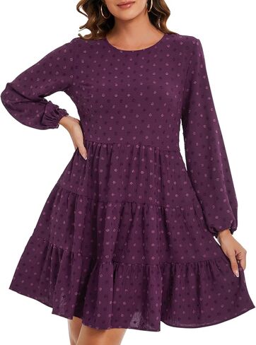 ROYLAMP Women's Swiss Dots Dress Long Sleeve Crew Neck Tiered Casual Spring Boho Flowy Tunic Shift Mini Dresses in Kuwait