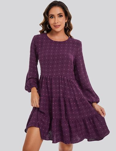 ROYLAMP Women's Swiss Dots Dress Long Sleeve Crew Neck Tiered Casual Spring Boho Flowy Tunic Shift Mini Dresses in Kuwait