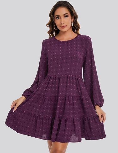 ROYLAMP Women's Swiss Dots Dress Long Sleeve Crew Neck Tiered Casual Spring Boho Flowy Tunic Shift Mini Dresses in Kuwait