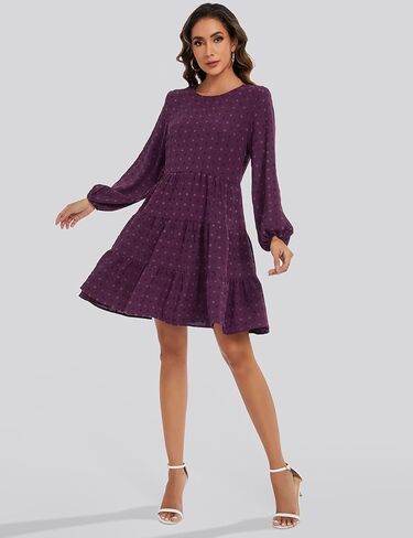 ROYLAMP Women's Swiss Dots Dress Long Sleeve Crew Neck Tiered Casual Spring Boho Flowy Tunic Shift Mini Dresses in Kuwait