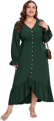 KOJOOIN Plus Size Ruffle Spring Dress for Women Long Sleeve V Neck High Low Dress Empire Waist Casual Maxi Dress for Fall in Saudi Arabia
