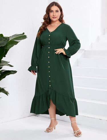 KOJOOIN Plus Size Ruffle Spring Dress for Women Long Sleeve V Neck High Low Dress Empire Waist Casual Maxi Dress for Fall in Saudi Arabia