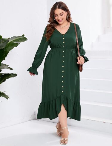 KOJOOIN Plus Size Ruffle Spring Dress for Women Long Sleeve V Neck High Low Dress Empire Waist Casual Maxi Dress for Fall in Saudi Arabia