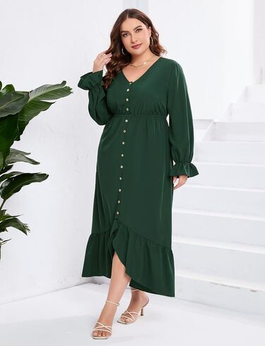 KOJOOIN Plus Size Ruffle Spring Dress for Women Long Sleeve V Neck High Low Dress Empire Waist Casual Maxi Dress for Fall in Saudi Arabia