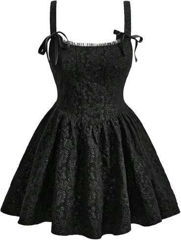Women's Cute Plus Size Jacquard Bow Front Sleeveless Wide Strap High Waist Slim Fit Cami Dress A Line Dresses in Kuwait