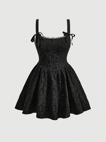 Women's Cute Plus Size Jacquard Bow Front Sleeveless Wide Strap High Waist Slim Fit Cami Dress A Line Dresses in Kuwait